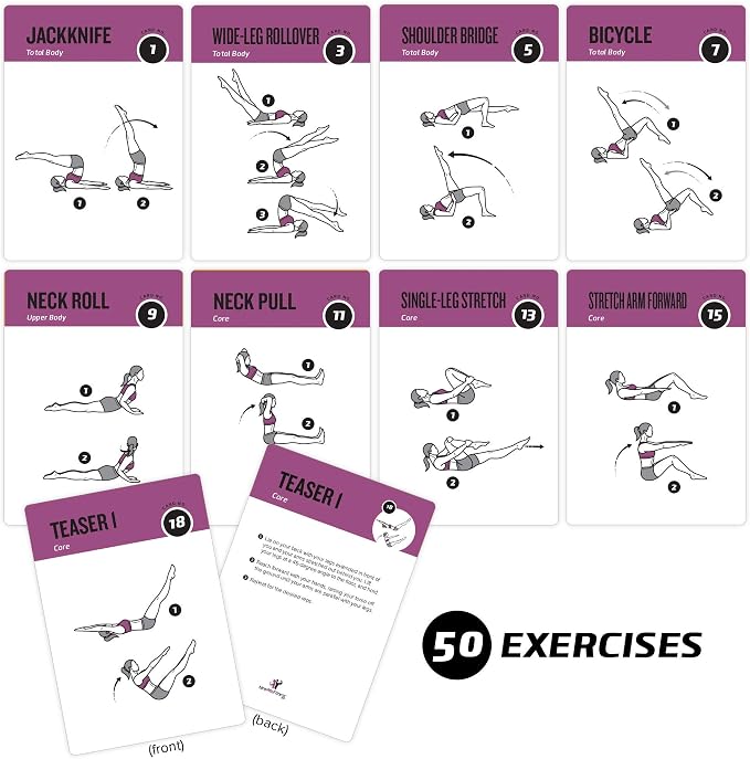 NewMe Fitness Pilates Workout Cards, Instructional Fitness Deck for Women & Men, Beginner Fitness Guide to Training Exercises at Home or Gym