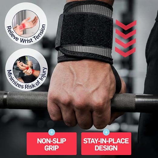 Dr. Arthritis Weight Lifting Wrist Wraps with Thumb Loop, Heavy-Duty Wrist Straps for Weightlifting, Hybrid Training, Olympic Lifts & Calisthenics, Non-Slip Gym Wraps for Men & Women (Black-Grey Stripes)