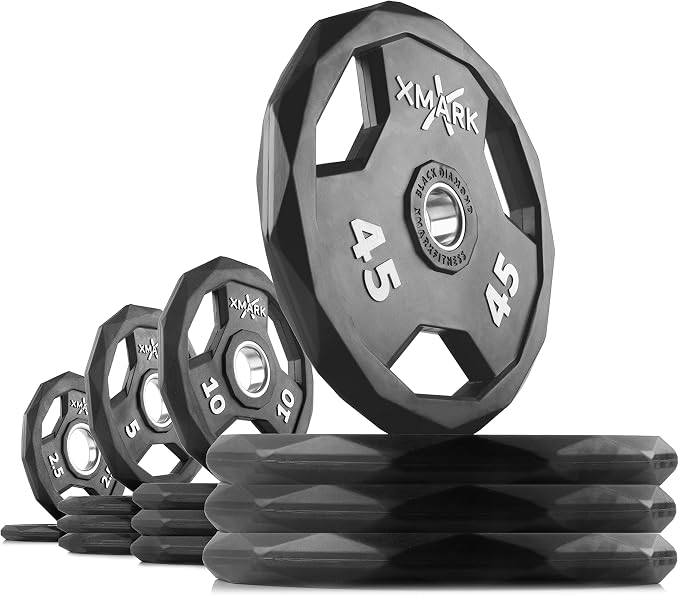 XMARK Black Diamond Olympic Weight Plates 2-Inch, Rubber Barbell Plates with Tri-Grip Handles for Home Gym Strength Training