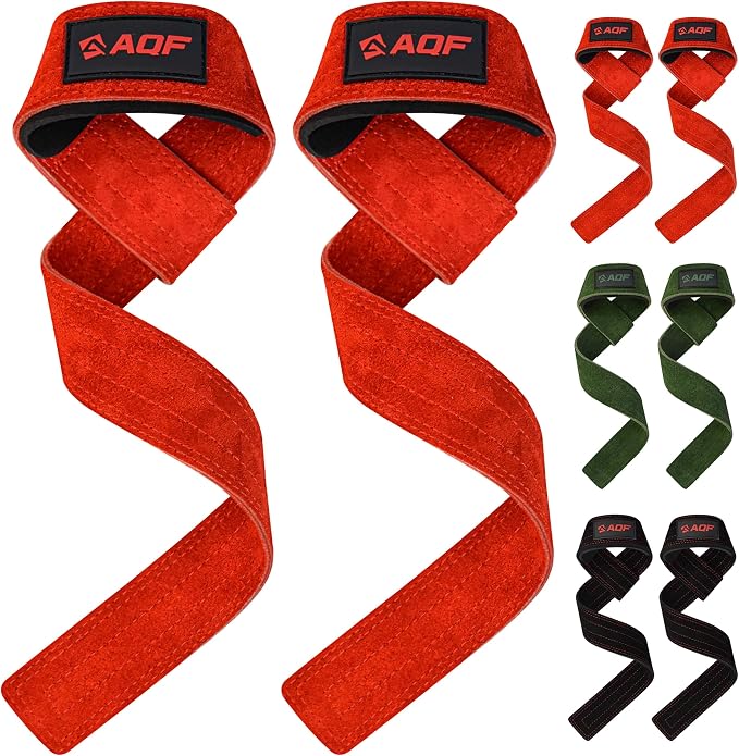 AQF Leather Weight Lifting Straps, Heavy Duty Wrist Strap for Powerlifting | Premium Suede Leather, Handcrafted Construction, Reinforced Dual Stitching, 3 mm thick & 66cm long, Sold as a Pair