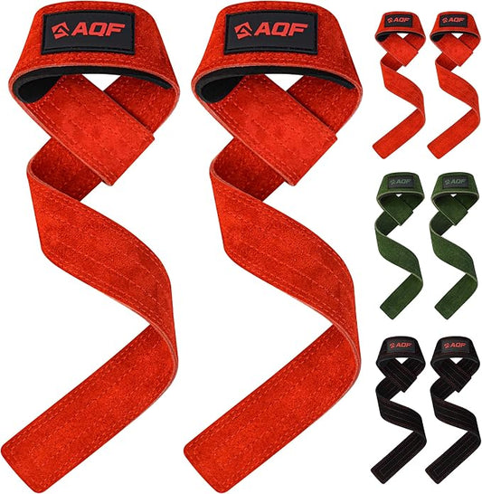 AQF Leather Weight Lifting Straps, Heavy Duty Wrist Strap for Powerlifting | Premium Suede Leather, Handcrafted Construction, Reinforced Dual Stitching, 3 mm thick & 66cm long, Sold as a Pair