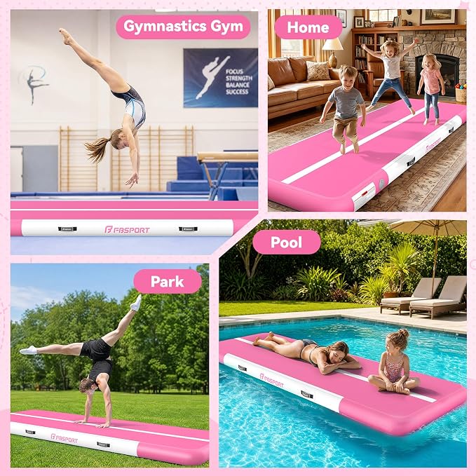 FBSPORT 6.6ft/10ft/13ft/16ft/20ft Inflatable Air Gymnastics Training Mat | 4/6/8 inches Thickness Inflatable Mat, with Electric Pump, Suitable for Home Training/Cheerleading/Yoga/Water