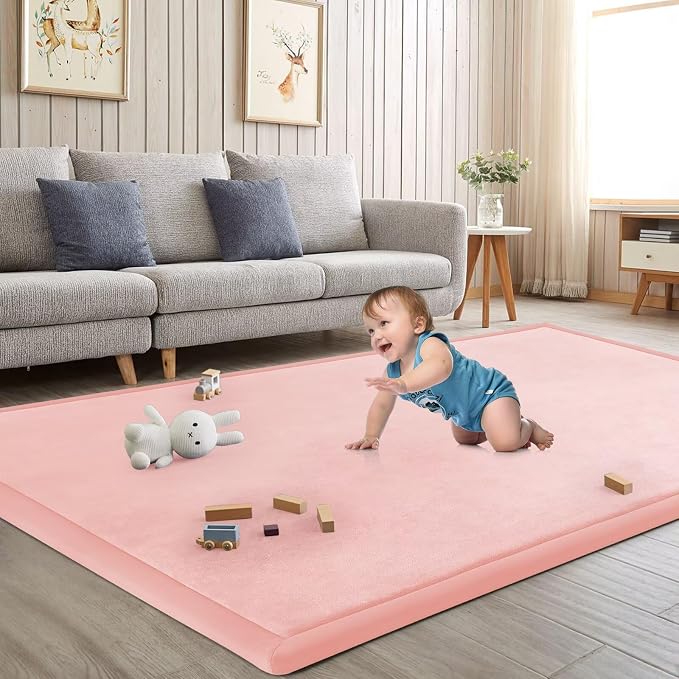 Baby Play Mat for Floor Nursery Rug Muscle Mat Area Rug Playroom Rug 39"x59" Playpen Mat Elastic Foam 1.3" Thick Crawling Mat for Babies,Toddlers, Infants, Kids,Light Pink