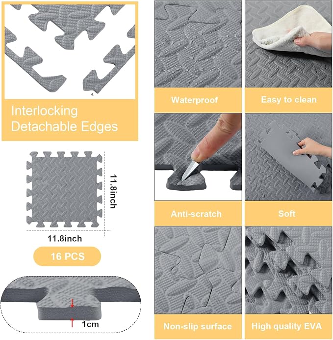 Foam Floor Tiles Foam Floor Mats Play Mats Bulk with Borders Interlocking for Bedroom Gym Nursery(11.8 x 11.8 Inch,Gray)