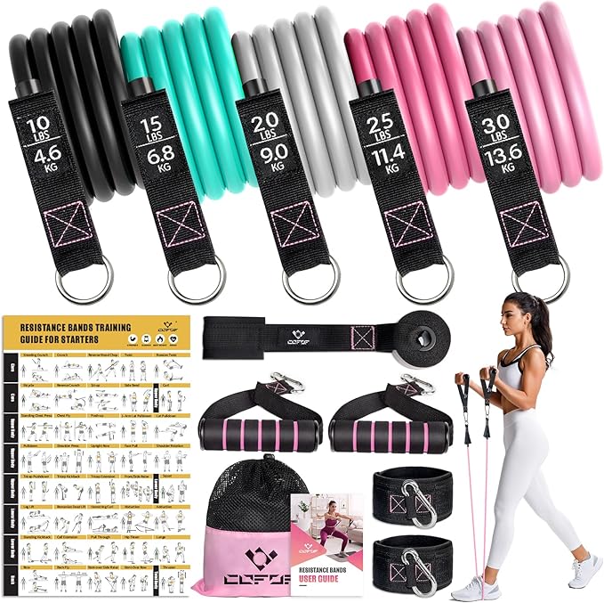 Resistance Bands with Handles for Women, 5 Level Exercise Bands | Workout Bands for Physical Therapy, Yoga, Pilates, Door Anchor, Storage Pouch, Training Poster
