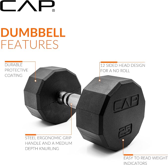 CAP Rubber Coated Hex Dumbbell Set with Storage Rack | 100–210 lb Options, Space-Saving Vertical Compact Storage for Home Gym Strength Training