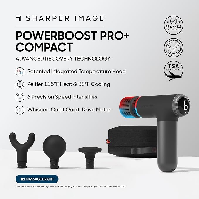 Sharper Image Powerboost Pro+ Hot & Cold Compact Deep Tissue Massage Gun - 6 Speed, 4 Attachments, Travel Case| Soothing Heat & Cold Therapy| Portable Lightweight Full Body Shoulder & Back Massager