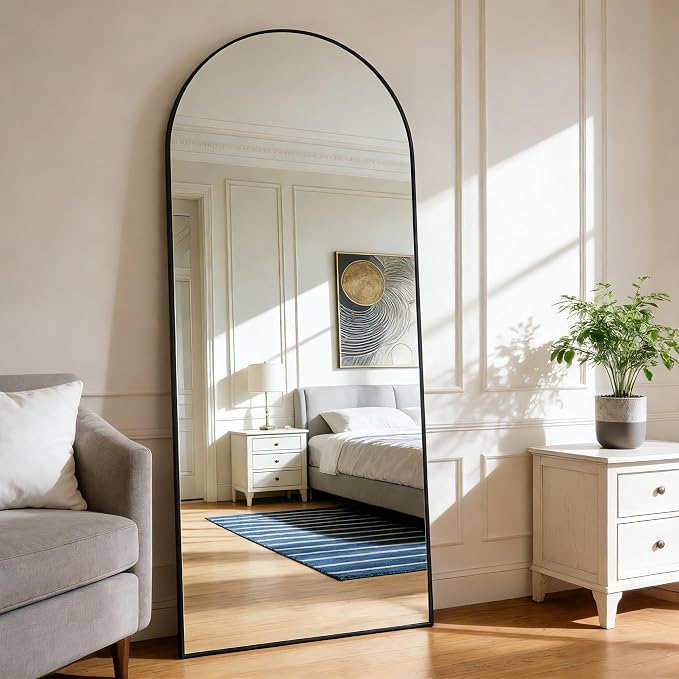 Arched Full Length Mirror 56"x21" Black | Aluminum Frame Shatterproof Glass, Freestanding Leaning Wall Mounted Mirror for Bedroom Living Room Entryway, Modern