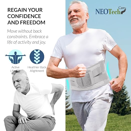 NeoTech Care Lower Back Brace for Women or Men, Lumbar Back Support Belt (Grey, Size XXL)