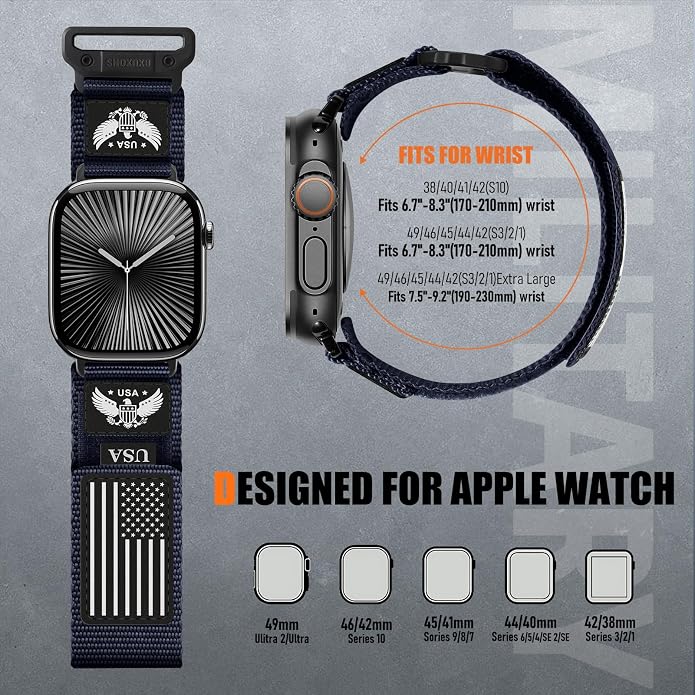 Rugged Nylon- Compatible with Apple Watch Ultra 3/ Ultra 2 Band 49mm Men,Tactical Soft Woven Stars- Stripes Flag Sport Strap for iWatch Bands 46mm 45mm 44mm 42mm Series 11 10 9 8 7 6 5 4 3 2 1 Se
