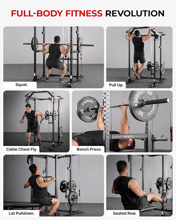 Mikolo K6 2.0 Power Cage, Power Rack with Cable Crossover System, 2000LBS Squat Rack with LAT Pull Down System, Functional Trainer with Aluminum Pulley System for Home Gym