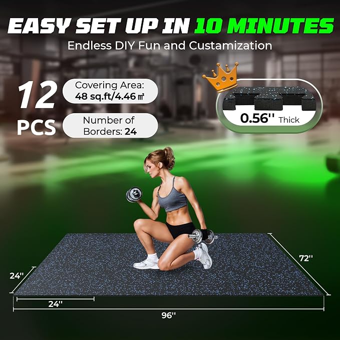 PRAISUN 0.56" Rubber Top Gym Flooring, Heavy Duty Interlocking Gym Mats for Home Gym, Non-Slip Workout Mat, 24 x 24in Large Gym Floor Mat, Protect Floors from Weights & Equipment, 48 Sq Ft, Black/Blue