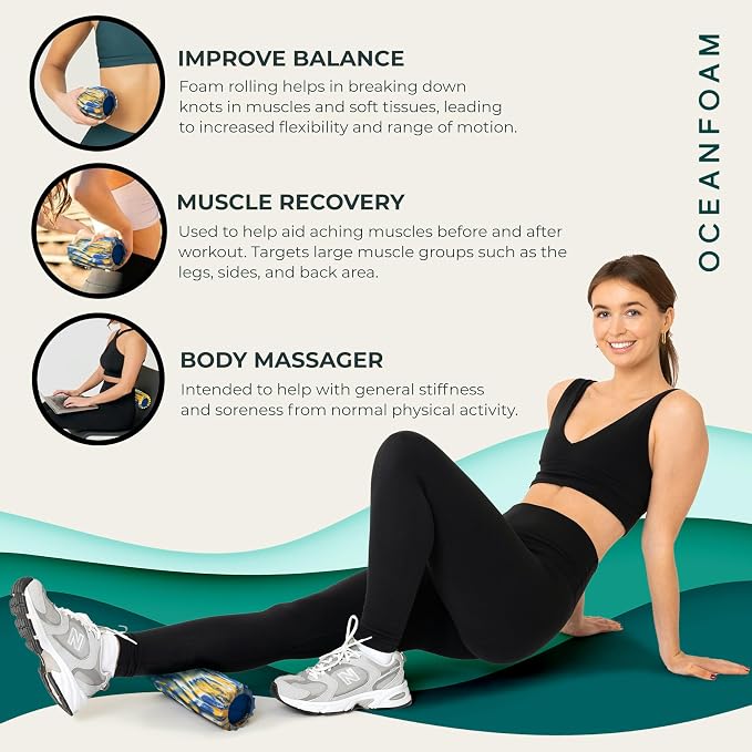 Oceanfoam Ripple Travel Foam Roller (11" x 3.35") Firm Mini Foam Roller for Physical Therapy, Deep Tissue Massage, Back Pain, High Density, Wave Textured, Yoga, Exercise (Royal Gold & Natural Marbled)