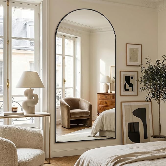 Suidia 81"x41" Arched Full Length Mirror with Stand, Full Body Mirror with Aluminum Frame, Freestanding/Leaning/Wall-Mounted, Floor Mirrors for Bedroom, Living Room, Entryway, Dressing Room, Black