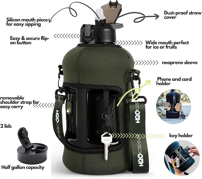 H2O Capsule 2.2L Half Gallon Water Bottle with Storage Sleeve and Covered Straw Lid – BPA Free Large Reusable Drink Container with Handle - Big Sports Jug, 2.2 Liter (74 Ounce)