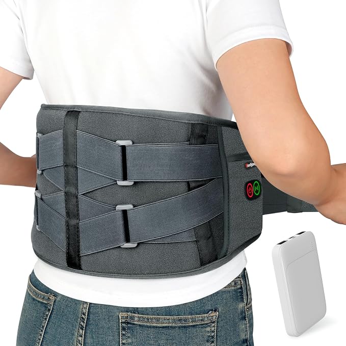 Comfytemp Cordless Heating Pad with Massager for Back, Gifts for Women Men | FSA Eligible HSA, Portable Lower Back Massager, Rechargeable Wireless Electric, Birthday Mom Dad Seniors 3 Heat 30mins, Grey