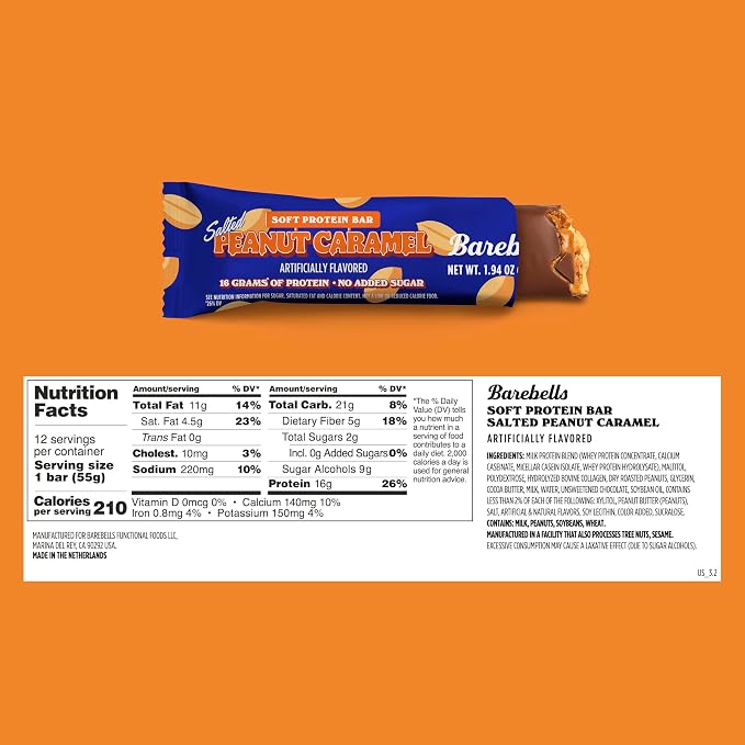 Barebells Soft Protein Bars Salted Peanut Caramel - 12 Bars, Pack of 1-16g High Protein Treats - Chocolate Nutrition Bar with 1g Total Sugars - On The Go Breakfast or Post-Workout Snack