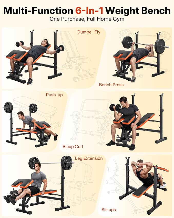 YOLEO 6 in 1 Weight Bench Set for Home Gym, Adjustable & Foldable Weight Bench, Workout Bench with Squat Rack for Bench Press Sit up Incline Flat Decline