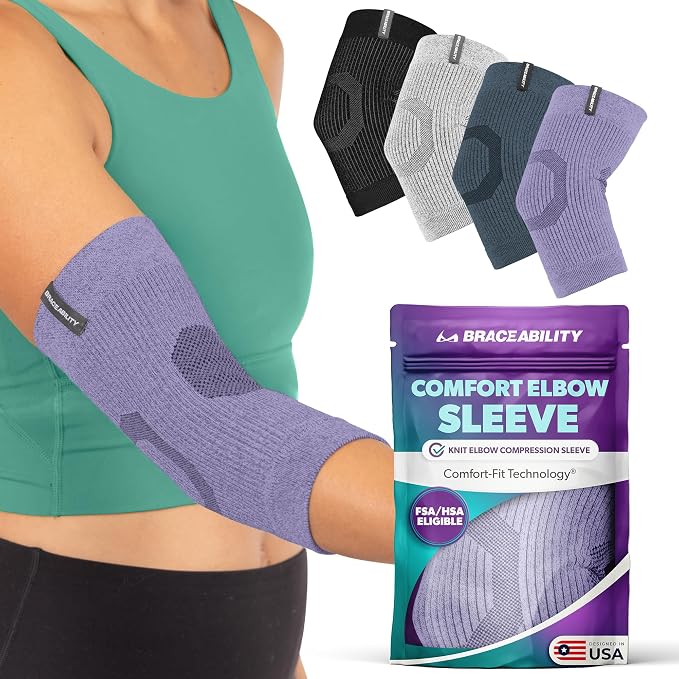BraceAbility Elbow Compression Sleeve for Bursitis - Olecranon Elbow Brace for Tendonitis, Tennis Elbow, Golfers Elbow, Arthritis, Elbow Pain Relief Arm Sleeve for Women and Men (L - Lilac)