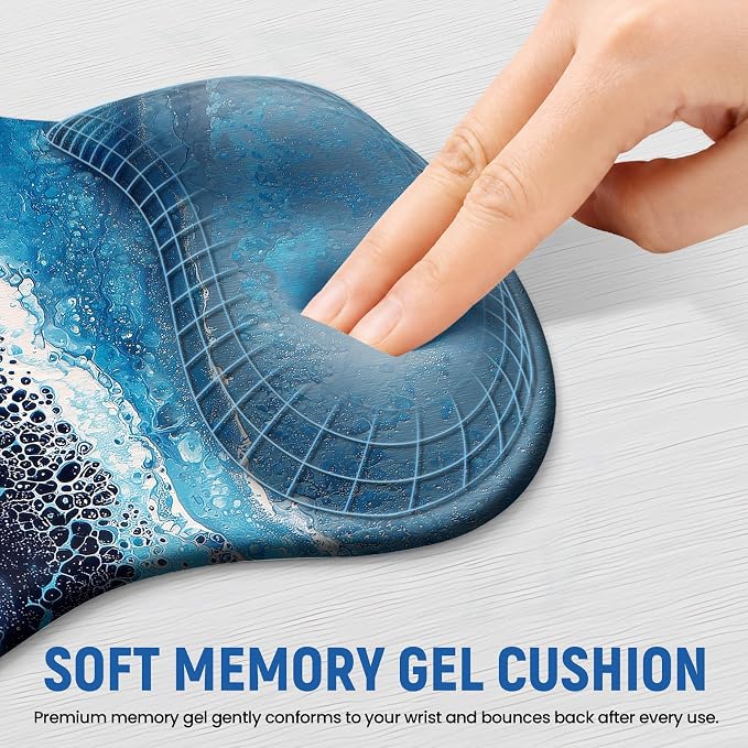 Ergonomic Mouse Pad with Wrist Rest, Gel Wrist Support, Waves | 10.2 x 7.6 in Mouse Pad with Smooth Fabric Surface and Non-Slip Rubber Base for Office, Home, Study, and Gaming