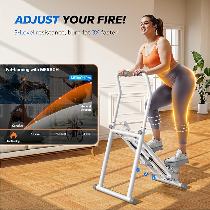 MERACH Stair Stepper with Adjustable Resistance, Foldable Stair Climber | Multi-Level Resistance, 3 Adjustable Angles, Stable Triangle Design, 300 lbs Capacity, Foldable Stair Climber, LCD Monitor