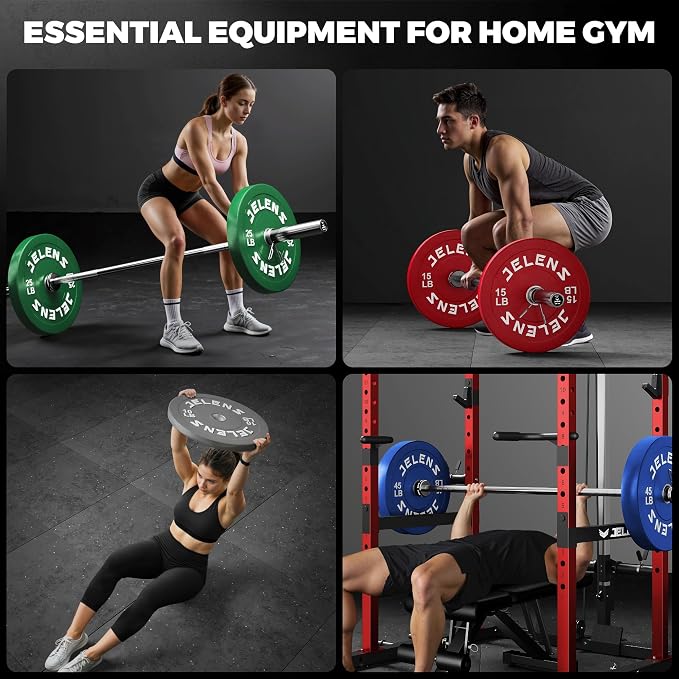 JELENS Olympic Barbell Weight Plates Set, 2-Inch Black/Colored Rubber Bumper Plate Weight Set for Strength Training and Weightlifting, Multiple Options