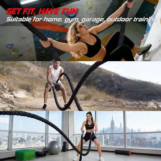 Battle Rope for Home Gym Workout - 1.5 Inch 30ft Heavy Weighted Training Exercise Ropes Fitness Equipment with Sleeve and Anchor Strap Kit for Outdoor Working Out