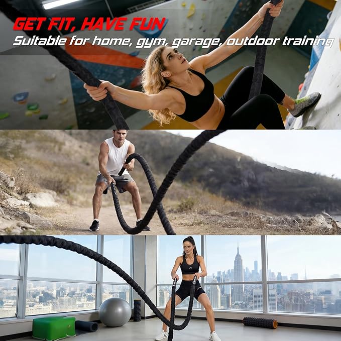 Battle Rope for Home Gym Workout - 1.5 Inch 40ft Heavy Weighted Training Exercise Ropes Fitness Equipment with Sleeve and Anchor Strap Kit for Outdoor Working Out