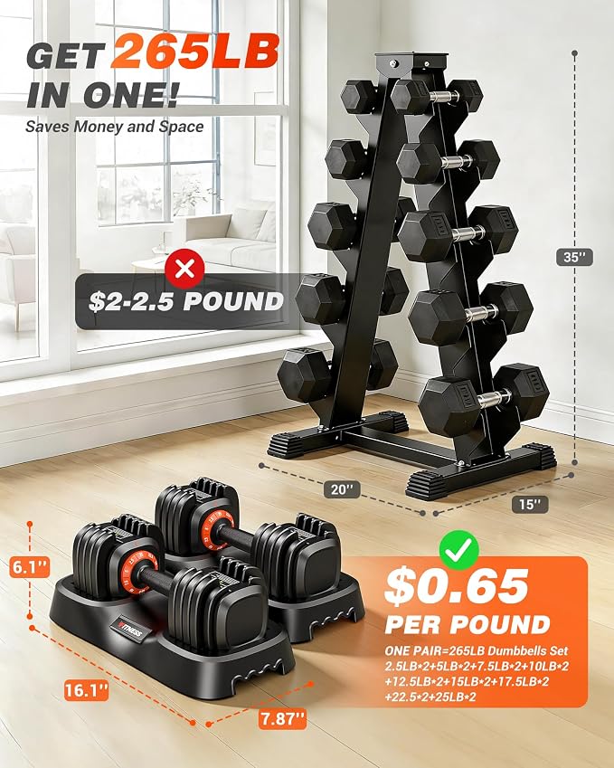 Rendpas Adjustable Dumbbell Set for Home Gym Strength Training | 25/55/80LB Pair, 10-in-1/16-in-1 Weight Set, 1-Sec Quick Adjust, Non-Slip Knurled Grip, Dual-Lock Safety, Space-Saving Tray