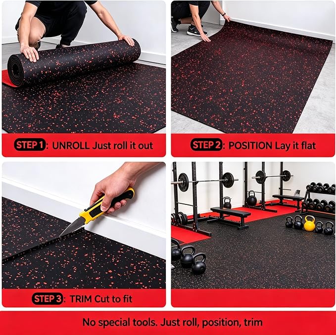 OrangeStar 4x10 FT Heavy Duty Rubber Gym Flooring | Non-Slip Shock Absorbing Garage Floor Mat for Home Gym, Basement, Workout Room, Playroom, Black & Red