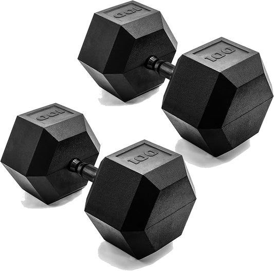 CAP Rubber Coated Dumbbell Weights, Free Weights for Home Gym Strength Training, Anti-Roll Hex Dumbbells with Black, Chrome & Comfort Grip Handles, Pairs & Sets