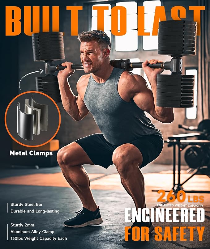 Flexible Dumbbell Converter - 260 LBS Weight Capacity Adjustable Alloy Steel Bar丨Convert Dumbbells to Barbell, Enhanced Compatibility for Wide Range of Dumbbells for Home Weight Lifting