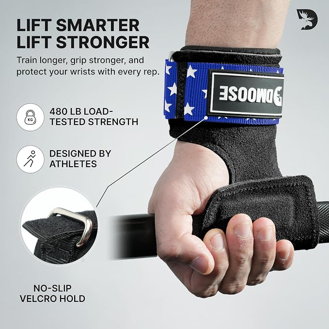 DMoose Fitness Weight Lifting Hooks (Pair) for Deadlifts, Pull Ups, Rows & Shrugs - Anti-Rip Nylon Strap Hand Grips with Thick Wrist Padding - Heavy Duty Wrist Straps for Weightlifting & Gym Workouts