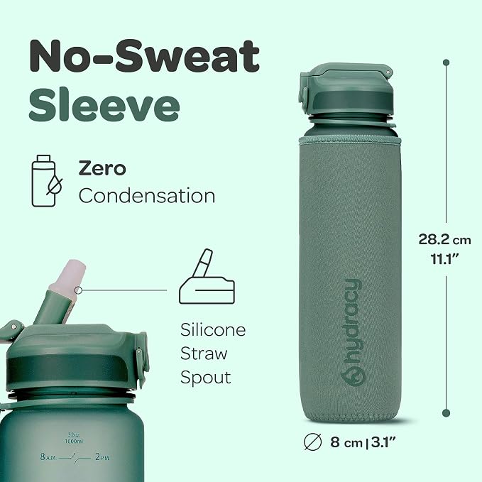 Hydracy Motivational Water Bottle with Time Marker and Straw Lid 32 oz | Leakproof,BPA Free,No Sweat Neoprene Sleeve,Carry Strap,Daily Intake Tracking for Fitness & Outdoors