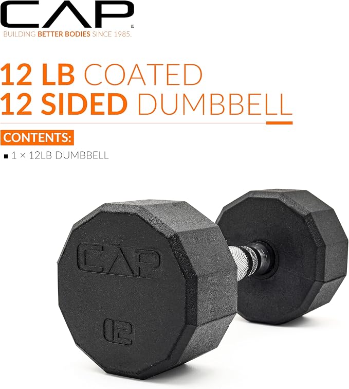 CAP Rubber Coated Dumbbell Weights, Free Weights for Home Gym Strength Training, Anti-Roll Hex Dumbbells with Black, Chrome & Comfort Grip Handles, Singles