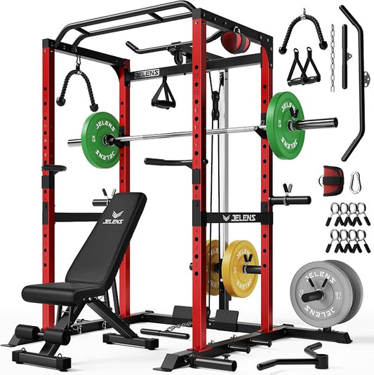 JELENS S21 Power Cage, Multi-Function Power Rack with Adjustable Cable Crossover System, 2000LBS Squat Rack for Home Gym with More Training Attachments
