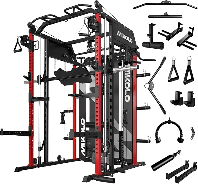 Mikolo Smith Machine with Weight Stack, Power Cage Home Gym System with LAT Pulldown & Cable Crossover, Multi-Functional Trainer with Dual Pulley System, Includes 10+ Free Attachments