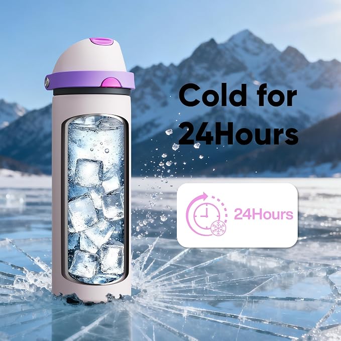 Insulated Water Bottle with Straw - Encool Stainless Steel Water Bottle with Push Button Lid, Leak-Proof & BPA-Free, Keeps Cold for 24 Hours for Sports, Travel, Gym (24 oz, Oyster Pink)