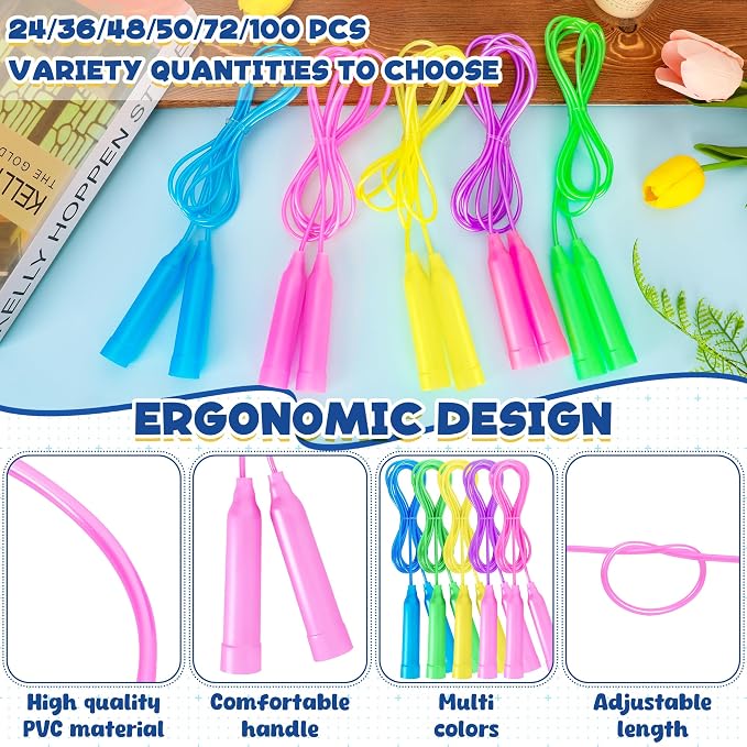 24 Pack PVC Kids Jump Rope, Adjustable Skipping Rope for Fitness Activity | 6.56 Ft, Tangle-Free Jump Rope, Soft Plastic Rope, Bright Color Jump Rope for PE Class, Playground Games, Classroom Rewards