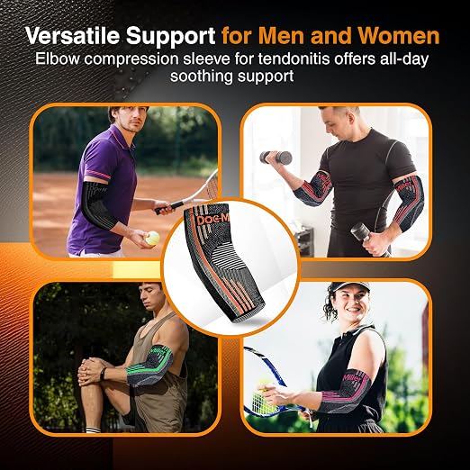 Doc Miller Elbow Compression Sleeves for Tendonitis, Women & Men, 1 Pair | Compression support, Arm Brace, Tennis Injuries, Bursitis Relief, Tendon Care, Active Use, Sports & Recovery
