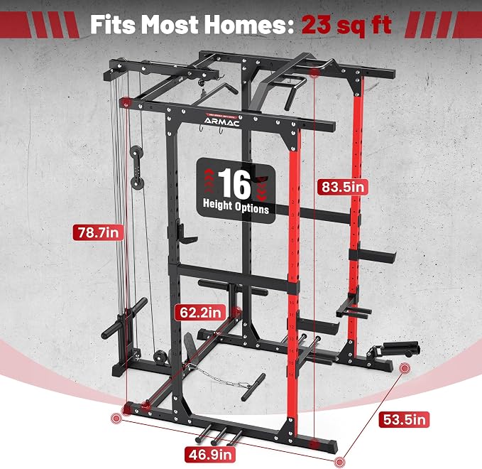 ARMAC Power Cage,1500lbs Multi-Function Power Rack with Adjustable Cable Crossover System and More Training Attachment, Weight Cage for Home Gym