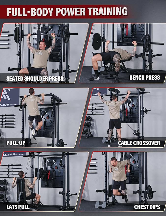 MAJOR FITNESS Drone3 Smith Machine, 2500lbs All-in-One Home Gym Power Rack with Dual Pulley System for Cable Crossover, Pull-Up Bars