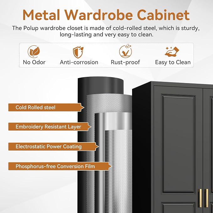 Polup Metal Armoire Wardrobe Closet, 71" Tall Wardrobe Cabinet with 2 Doors | Heavy Duty Steel Clothing Storage Cabinet with Hanging Rod & 3 Adjustable Shelves for Bedroom, Office, Broom Closet, Black