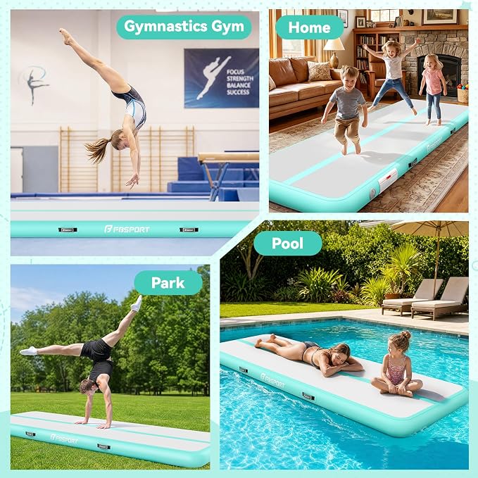 FBSPORT 6.6ft/10ft/13ft/16ft/20ft Inflatable Air Gymnastics Training Mat | 4/6/8 inches Thickness Inflatable Mat, with Electric Pump, Suitable for Home Training/Cheerleading/Yoga/Water
