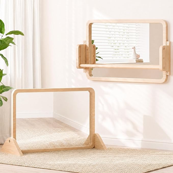 Woodtoe 3-in-1 Montessori Mirror with Bar, Adjustable Tummy Time Mirror 6M+ | Toddler Mirror & Pull Up Bar, Montessori Learning Toy for Baby 6-18 Months, Nursery Mirrors, Natural Wood Kids Furniture