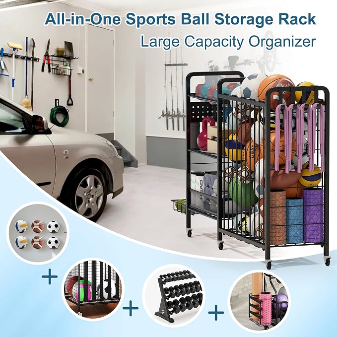 Sports Equipment Garage Organizer,Garage Ball Storage Rack for Sports with Wheels-Upgraded 3 Layers Organizer Rack Outdoor Basketball Racks for Balls with Holder and Hooks (Deep Black)