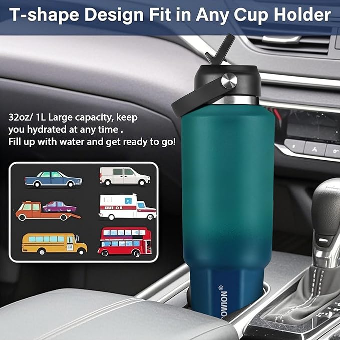 HYDROWION 32 oz Insulated Water Bottle, Car Water Bottle Holder - Double Wall Vacuum Insulated Travel Bottle with Straw Lid, Spout Lid and Flex Cap - Cold for 24H, Hot for 12H, Blue - Lake Green