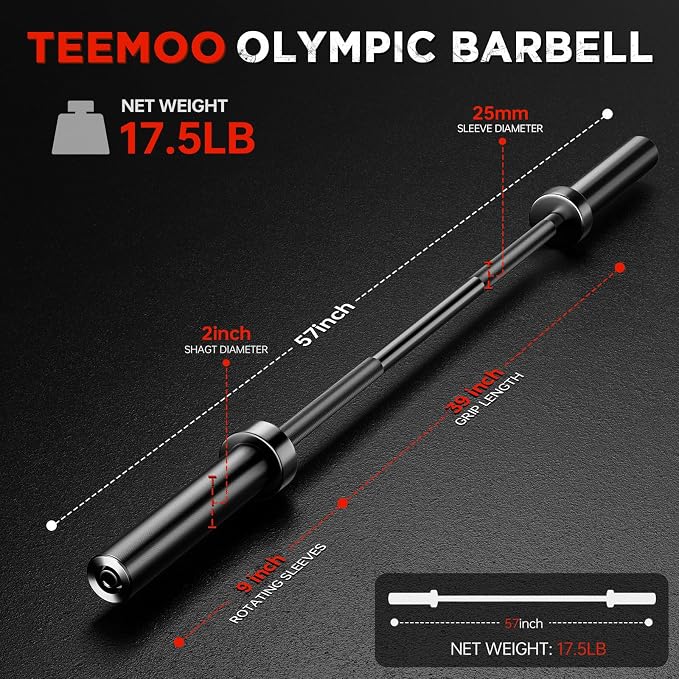 TEEMOO Olympic Barbell Bar, 57"/47" (4.75ft/4ft) Barbell Bar with 2 Spring Collars, Strength Training bars, 500lb/700lb Weight Capacity, E-Coat Finish for 2 inch Weight Plates (Black)