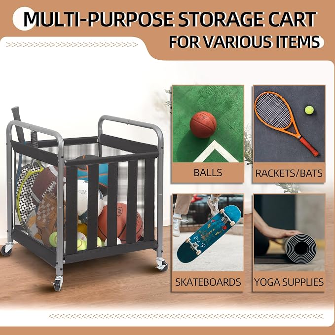 STORAGE MANIAC Ball Storage Bin Rolling Sports Ball Cart, Metal Garage Organizer Sport Rack Basketball Storage Cage for Garage or Gym, Indoor & Outdoor Sports Equipment Organizer