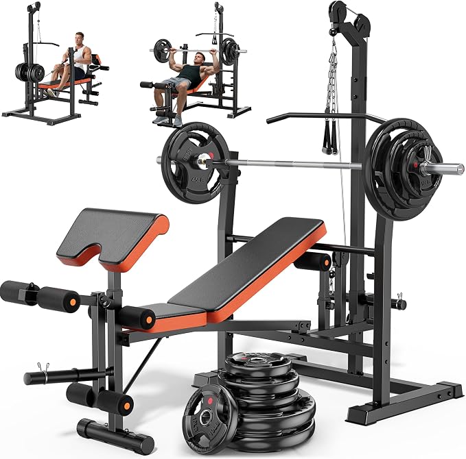 XDDIAS 9-in-1 Olympic Weight Bench Set with Lat Pulldown, Rowing, Squat Rack, Leg Extension/Curl, Preacher Pad, 900LB Adjustable Bench Press for Home Gym Weight Lifting Full-Body Workout